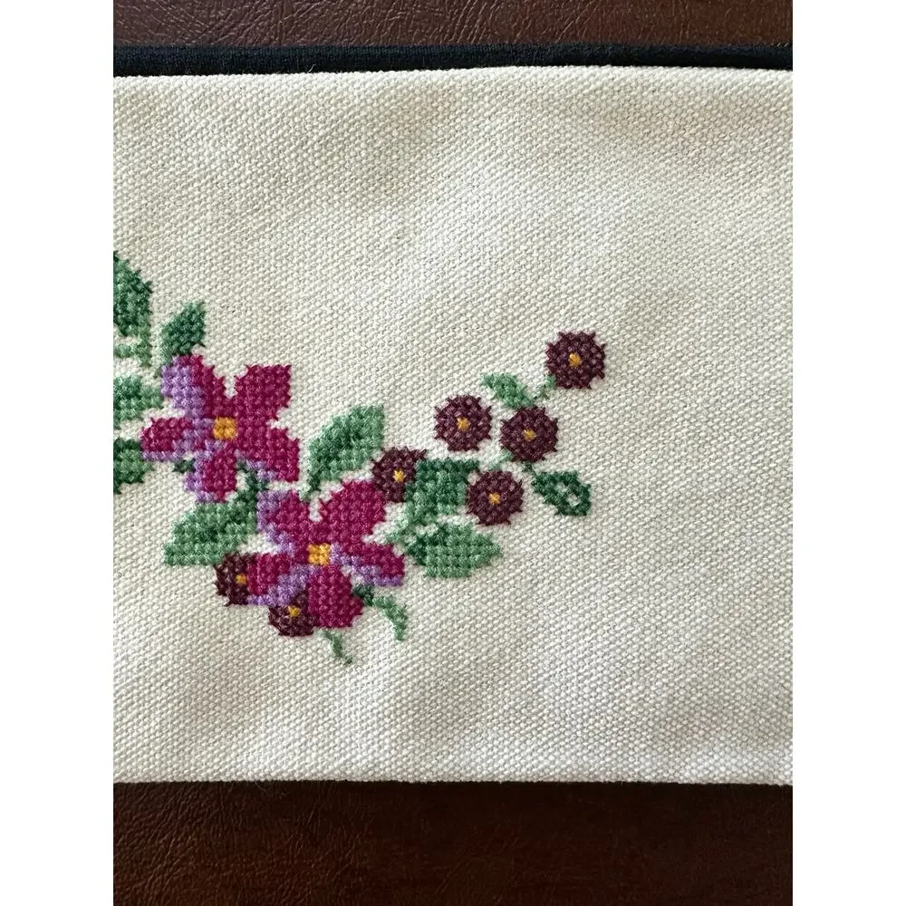 Hand Embroidered Floral Zipper Pouch Needlepoint Cosmetic Bag Boho Cottage